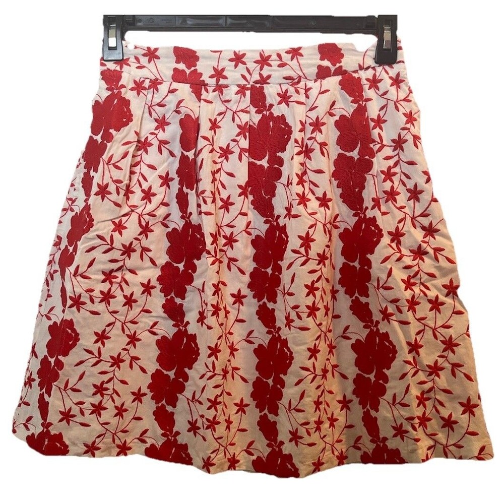 Ellison Women’s White & Red Embroidered Skirt Elastic Back Waist Pockets Small